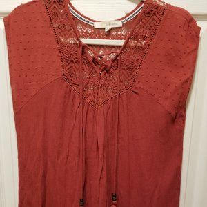 Rewind Terracotta Eyelet Lace Yoke Beaded Tassel Dot Detail Blouse - Size XL